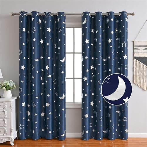 Freyamy Vorhang Blickdicht Dunkelblau Mond Sternenvorhänge 2 Stück,220x140cm (HxB) Niedliche Vorhänge mit Ösen Lichtundurchlässig thermovorhang kälteschutz Gardinen Lärmschutz für Kindervorhänge