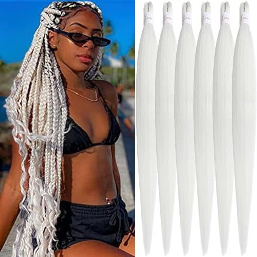 Xusuperb 30 Zoll Lang Pre Stretched Braiding Haare White Easy Braids Extensions Weiß Kanekalon Kunsthaar zum Einflechten Weiss 6 Packs Vorgestrecktes Flechthaar Yaki Zöpfe Haarverlängerungen(Weiß#)