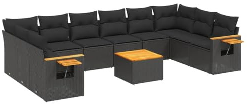 vidaXL 11-TLG. Garten-Sofagarnitur mit Kissen Schwarz Poly Rattan
