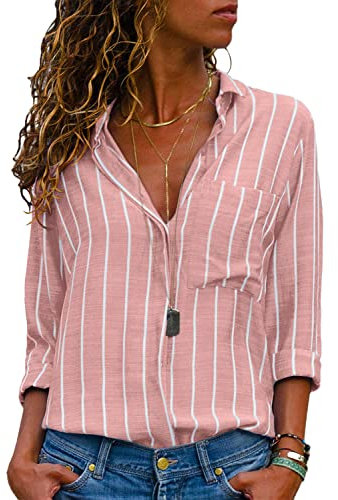 Livonmone Bluse Damen Langarm Casual Streifen Oberteile Hemd Lose V-Ausschnitt Langarmshirt Chiffon Blusen Tops Elegant (Rosa, L)