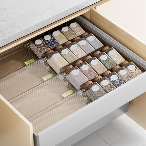 PanPanPal Spice Rack for Drawer, 8-Pack Expandable Drawer Organiser (28-56cm), Clear PET Kitchen Storage for Spices, Seasonings, Tea Bags – 2 or 4 Tier Options
