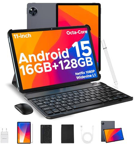 DOOGEE U11 Tablet 11 Pulgada, Andriod 15 Tablet con Teclado, 16GB RAM+128GB ROM/2TB 8580mAh, Tableta para niños Octa-Core, 7.9mm Cuerpo metálico, 13MP Camera, Widevine L1/Face ID/BT5.0/WiFi 5
