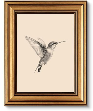 VIYYIEA Vintage Gold Framed Wall Art, Sketch Birds Canvas Painting, Cute but Exquisite Wall Decor, No Glass No Glare, Suitable for Bedside Tables, Foyer, Bookshelves,【Hummingbird】-10L x 8W