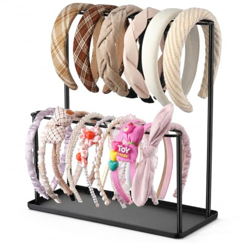 Josmimic Kopfband-Halter, Organizer, Metall, 2-stöckig, mit Ablage: Haarschmuck, Präsentationsständer, Aufbewahrung, Haarband, Halskettenständer, Zuhause, Schlafzimmer, für Mädchen und Frauen, Schwarz