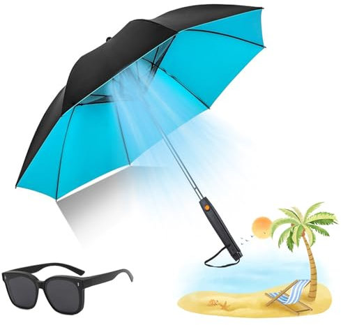 Gienslru Misting Umbrella With Fan Water Bottle, Sunny/Rainy Umbrella With Fan and Mist Spray, UV Blocking Long Handle Sun Protection, USB Rechargeable Summer Sunshade (Blue, Rechargeable)