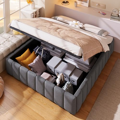 MQLAE Kinderbett Bettgestell Stauraumbett Polsterbett 140x 200, Hydraulisch Lagerung Funktionsbett mit Stauraum und Lattenrost, für Erwachsene & Jugendliche, ohne Kopfteil, ohne Matratze, Leinen Grau
