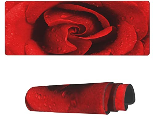 Mauspad Regentropfen Rote Blume Office Mauspad Mit rutschfest Gummierte Unterseite Schreibtischunterlage, Für Arbeitsstudium, Computer, Kabellose Maus, 80x30cm