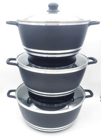 Non-Stick Cooking Pot Set, 3-Piece Stockpot Collection, 32/36/40 cm, Grey with Glass Lids(Suitable for Gas & Electric Hob),Die Cast Casserole