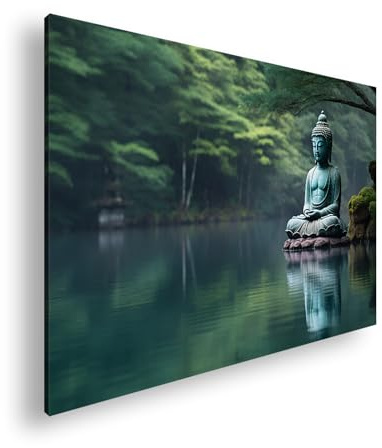 Farbenhorizont Leinwandbild Buddha am stillen See – Einklang mit der Natur Format: 100x70cm XXL Wandbild auf Keilrahmen/Kunstdruck/Bild Wohnzimmer Dekoration