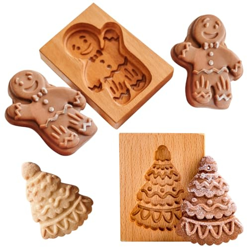 Noetopolis Holz Keksformen, 2 Stück 3D Plätzchenformen Holz, DIY Backformen Ho-lz, Prägeform für Plätzchen aus Ho-lz, Holzbackform, Ausstechformen H-olz (Lebkuchenmann + Weihnachtsbaum)