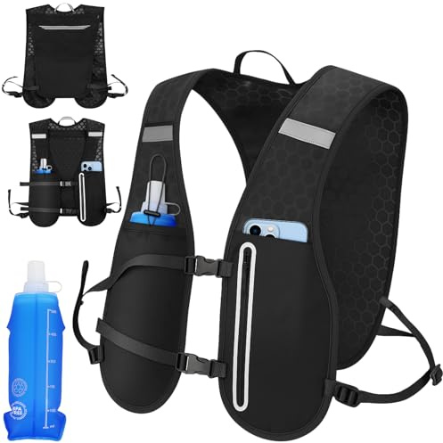 Gilet d'Hydratation Running Homme Femme Réfléchissant, Sac à Dos de Course avec Poche à Eau 500ML et Support Téléphone, Respirant Léger pour Trail, Randonnée, Cyclisme, Marathon