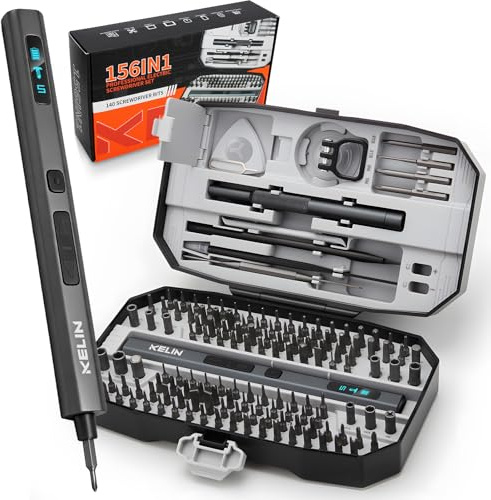 KELIN Tournevis électrique 156 en 1, ensemble de tournevis électriques de précision, 5 niveaux de couple et 140 embouts magnétiques en acier S2, cadeaux pour homme, kit d'outils de réparation