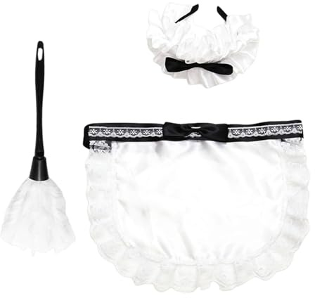Dienstmädchen-Kostüm-Set – Kopfbedeckung aus Bandspitze, Schürzen-Staubwedel-Zubehör | Weißes Ankleide-Outfit für Putzfrau-Rollenspiele, Cosplay, Halloween-Party-Kostüm, Motto-Event, Fotoshooting-Zube