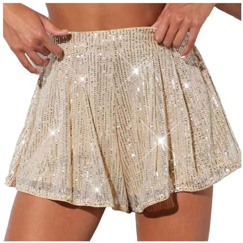 Glitzer Shorts Damen Hohe Taille Kurz Pailletten Hose Sexy Silvester Outfit Karneval Mottoparty Damenshorts für Tanz Party Club