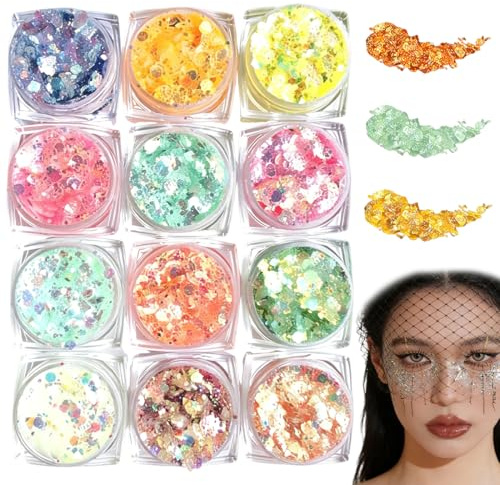 OPIURVY Set da 12 Colori Gel Glitter per Viso e Corpo, Fluorescenti Multiuso con Bastoncini, per Trucco Glitterato a Festa, Halloween, Carnevale ed Eventi Musicali