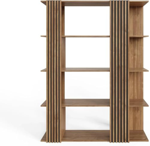 GFW Rowan Wide Shelving Unit with Open Shelves & Slatted Detailing, Modern Oak Effect Display Bookcase for Living Room or Home Office