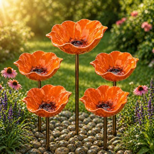 Blumen Gartenstecker Vogeltränke– Handgefertigter Metall Gartenstecker als Bienentränke & Vogelbad, Insekten Tränke für Garten – Geschenk zum Muttertag (Orange,5pcs)