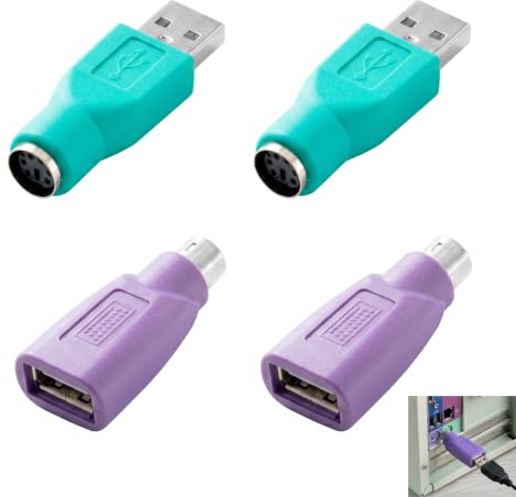 Set di 4 adattatori da PS2 a USB, convertitore PS2 USB mini DIN 6 adattatore tastiera mouse, 2 femmina a maschio e 2 maschio femmina, connettore plug and play per PC computer, viola verde