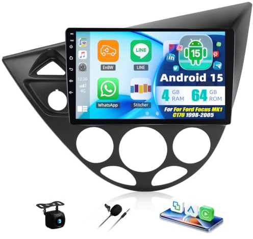 SIXTOP 4+64GB Android 15 Radio de Coche para Ford Focus MK1 C170 1998-2005 CarPlay Android Auto Pantalla Radio Coche 9 Pulgadas Bluetooth FM RDS Radio GPS WLAN EQ SWC Cámara de visión Trasera