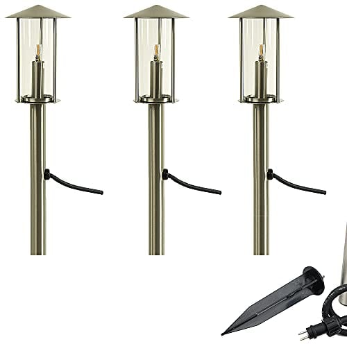Dapo 3x LED-Edelstahl-Außen-Garten-Wege-Leuchte-Lampe VICO mit Erdspieß H: 48cm, Kunststoff-Schirm klar,i nkl. G4 LED 3 x 1,5W, IP44