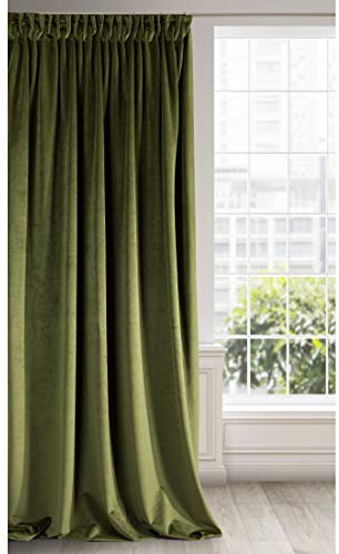 Eurofirany RIA Blickdicht Samtvorhang mit Kräuselband-1 STK. Einfarbig Thermogardine, Verdunklungsvorhänge, Wohnzimmer, Schlafzimmer, Lounge, 290 g/m2, Velvet, OLIVGRÜN, 140x270cm