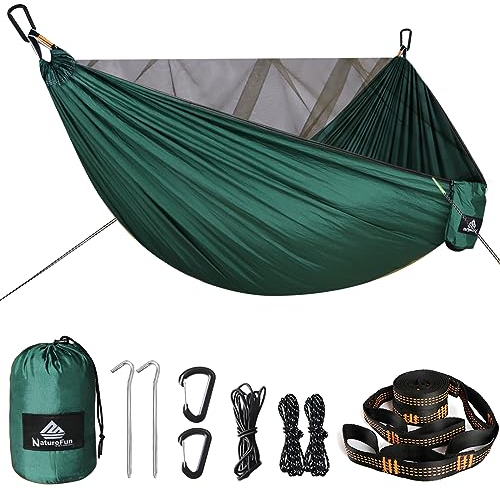 NatureFun Camping Hängematte mit Moskitonetz | 300kg Belastbarkeit,(290 x 140 cm) Atmungsaktives,schnell trocknendes Fallschirm-Nylon | Komplettes Zubehör | Einfacher Aufbau