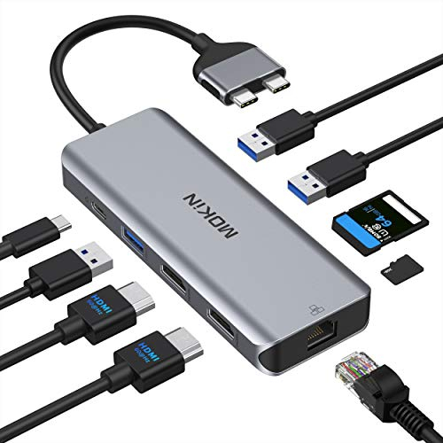 Adaptateur USB C vers Double HDMI Multiport Hub USB C pour MacBook Pro, 9 en 2 Thunderbolt 3, Adaptateur Mac Dongle MacBook avec 2 HDMI (4K @ 60 Hz), 3USB3.0, SD TF et 100 W PD, Port Ethernet