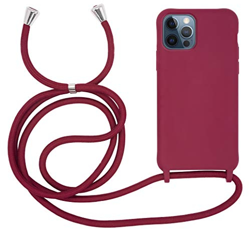 MyGadget Handykette für iPhone 12 | 12 Pro - [ Hülle mit verstellbaren Band ] - TPU Handyhülle mit Handyband zum Umhängen - Kordel Schnur Case Schutzhülle - Bordeaux Rot