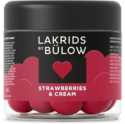 LAKRIDS BY BÜLOW - Strawberries & Cream - 125g - Dänische Gourmet Lakritz-Kugeln - Süßer Lakritzkern umhüllt von Weißer Schokolade, Erdbeer und Sahne