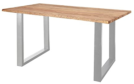 SAM Esstisch Marek 140x80 cm Sheesham Natur Baumkante U-Gestell Silber | Baumkantentisch massiv, Sheesham-Holz naturbelassen, 26 mm Tischplatte, Esszimmertisch