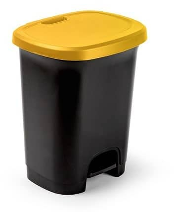 CABLEPELADO Cubo basura plastico, Cubo basura apertura pedal, Papelera de pedal, Cubo de pedal, Libre de BPA, 45 cm alto x 38 cm ancho x 32 cm fondo, Capacidad 27 Litros, Negro con tapa amarilla