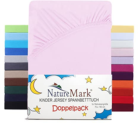 NatureMark 2er Set Kinder Spannbettlaken Jersey, Spannbetttuch 100% Baumwolle, für Babybett und Kinderbett | 70x140 cm - Rosa