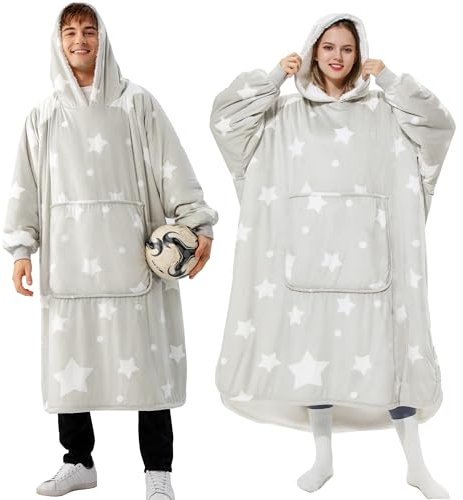 Winthome Hoodie Blanket, Super Soft Warm Sweatshirt Blanket with Giant Pocket, Oversized Blanket Hoodie for Women Men Adult (Grey/Stars, M)