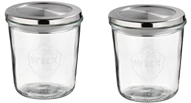 APS 82240 Original Lot de 2 bocaux WECK 580 ml, Ø 11 cm, H : 11 cm, forme renversée avec couvercle et joint en silicone, bocal à provisions, lavable au lave-vaisselle, transparent
