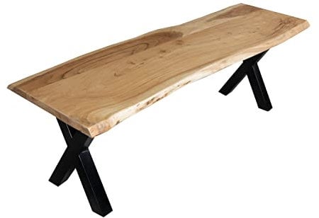 SAM Esszimmerbank 220x42 cm Quintus, Akazienholz massiv & naturfarben, echte Baumkante, Baumkantenbank mit X-Gestell Schwarz, Sitzbank mit 26 mm Platte