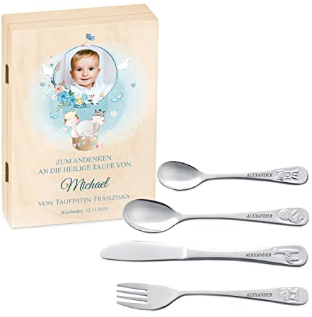 Murrano Kinderbesteck Set mit Gravur + Holzbox mit Aufdruck - mit Tieren - aus Edelstahl - Braun - Geschenk für Jungen zum Geburtstag zur Taufe Geburt - Foto 1