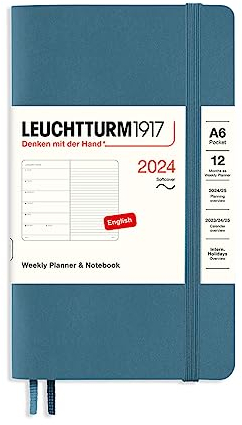 LEUCHTTURM1917 367802 Wochenkalender & Notizbuch Softcover Pocket (A6) 2024, 12 Monate, Stone Blue, Englisch
