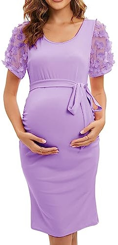 Caziffer Robe de Maternité à Manches Courtes Robe Grossesse avec Ceinture à Col Rond Couleur Unie pour Femme Été (Violet Clair, XL)