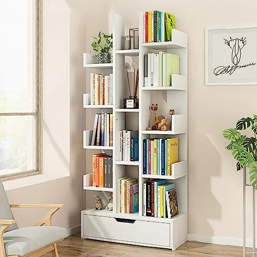 LINLIUA Bodenstehende Bücherregale, baumförmiges Bücherregal, freistehende offene Bücherregale, 6-stufige Ausstellungsregale, Bücherregale aus Holz, Organizer-Regale XXXL White