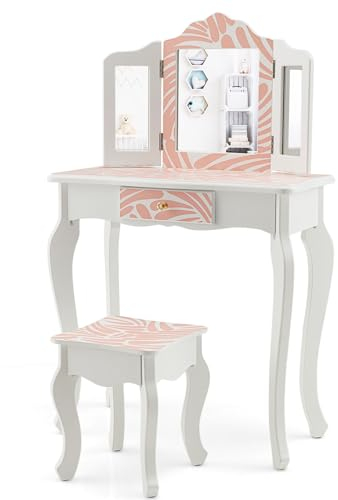 LIFEZEAL Schminktisch Set für Kinder, Kinderschminktisch mit Hocker, Schminkkommode mit 3-Fach klappbarem Spiegel & Abnehmbarer Platte, Frisiertisch Geschenk für Mädchen 3-7 Jahre Alt (Rosa Zebra)