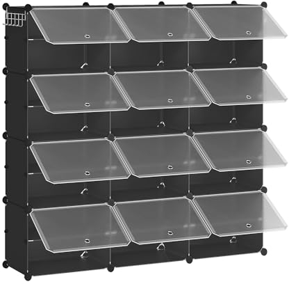 HOOBRO Schuhregal mit 12 Fächern, Schuhschrank, für 48 Paar Schuhe, 40 x 30 x 30 cm pro Fach, schmal, mit Türen, Kunststoff, für Wohnzimmer, Schlafzimmer, Flur, Eingang, Schwarz EBK38SC01G1
