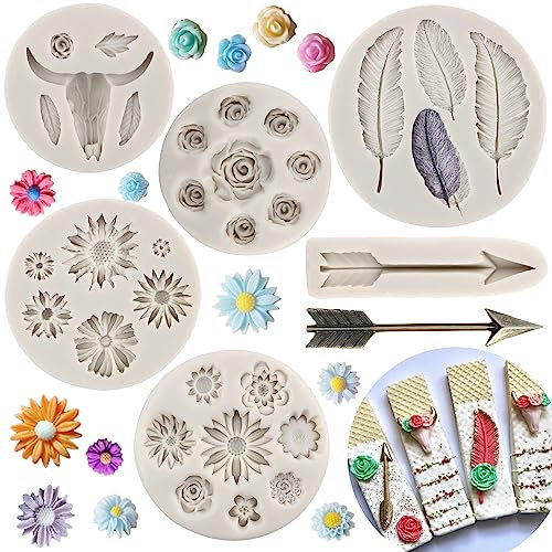 MYPRACS 6 Stück Stumpfer Kopf Silikonformen Feder Pfeil Fondant Form Gänseblümchen Rose Blume Schokoladenform Feder Süßigkeiten Form für Blume Kuchen Dekoration Cupcake Topper Polymer Clay Gummipaste