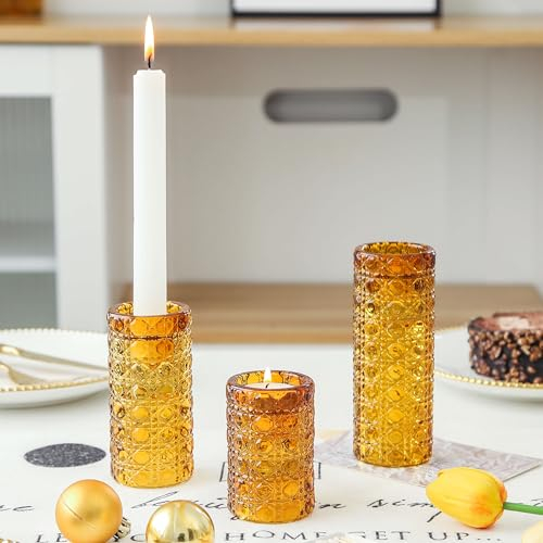 Amanman Kerzenständer für vier Verwendungszwecke, 3 Stück Kerzenständer für Stabkerzen, Stumpenkerzen, Teelichter und Blumen, stabile Kerzenhalter für Tischdekoration, drinnen und draußen (Bernstein)