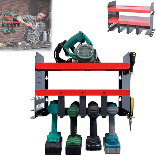 LARS360 Werkzeughalter Wandregal, Akkuschrauber Halterung Wand, Power Tool Organizer für 4 Elektrowerkzeug, 3 Ebenen Werkzeug Organizer Metall für Garage, Werkstatt