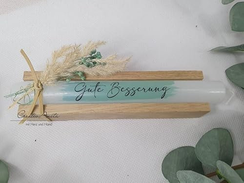 Genesungsgeschenk - Stabkerze mit Spruch -Gute Besserung- mit Holz