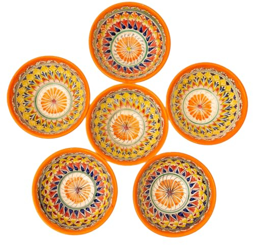 PODARI 6 Keramikschalen 750 ml Kosa Ø 17,5 cm Orange (schmales Muster) - Traditionelle Usbekische Keramikschüsseln mit handbemaltem Design | Salatschüsseln | Schale Bunt Keramik
