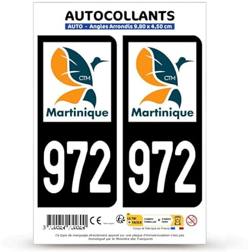 Autocollant Plaque Immatriculation 2 Stickers département 972-H Martinique - DROM II en Version Fond Noir : 9,8 x 4,5 cm (Angles Arrondis)