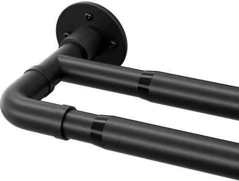 Starbover Barra de cortina industrial, barra de cortina de 2 vías, color negro, 74-163 cm, barra de cortina extensible de metal, juego de barras de jardín, montaje en pared con soportes y topes para