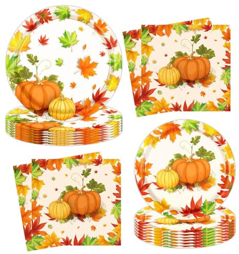 Decorazioni Autunnali per Il Ringraziamento - Set di Stoviglie per 10 Ospiti, Piatti e Tovaglioli di Carta a Forma di Zucca e Foglia d'Acero