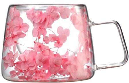 Mugs with Dry Flowers | 200ml Glass Cups Double Walled Coffee Cups | Strong Borosilicate Dried Flower Insulated Coffee Mugs | Heat Resistant Milk Juice Tea Cup with Handle for Hot Cold Beverages